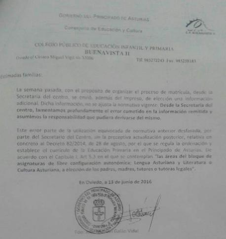 El CP Buenavista II rectifica con una nota ambigua la so carta sobre l'asignatura de Llingua Asturiana