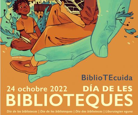 Cartelu Día de les Biblioteques 2022 recortáu y reducíu