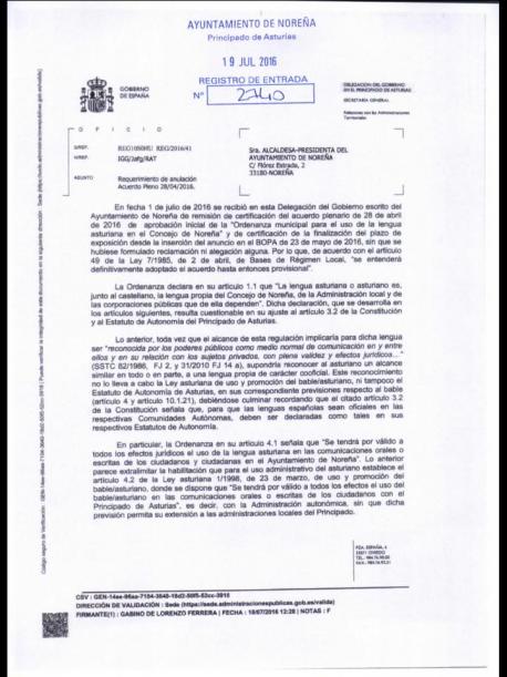 Delegación de Gobiernu requier l'anulación de les ordenaces del asturianu en Noreña