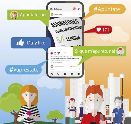 Cartelu campaña #Apúntante 2021 asturianu 